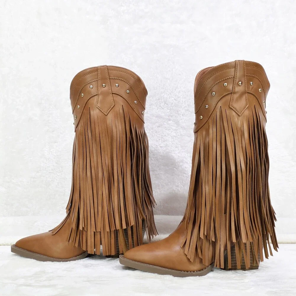 NIB Boundary Tan Faux Leather Layered Fringe Country Western Cowgirl Boots - Picture 8 of 8